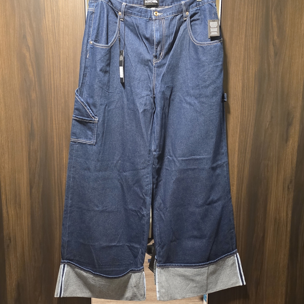 Fashion Nova Dark Blue Wide Leg Flare Jeans